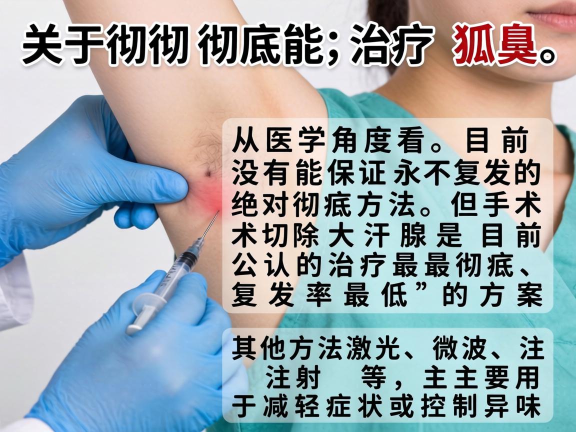 关于彻底治疗狐臭，从医学角度看，目前没有能保证永不复发的绝对彻底方法，但手术切除大汗腺是目前公认的治疗最彻底、复发率最低的方案。其他方法如激光、微波、注射等，主要用于减轻症状或控制异味