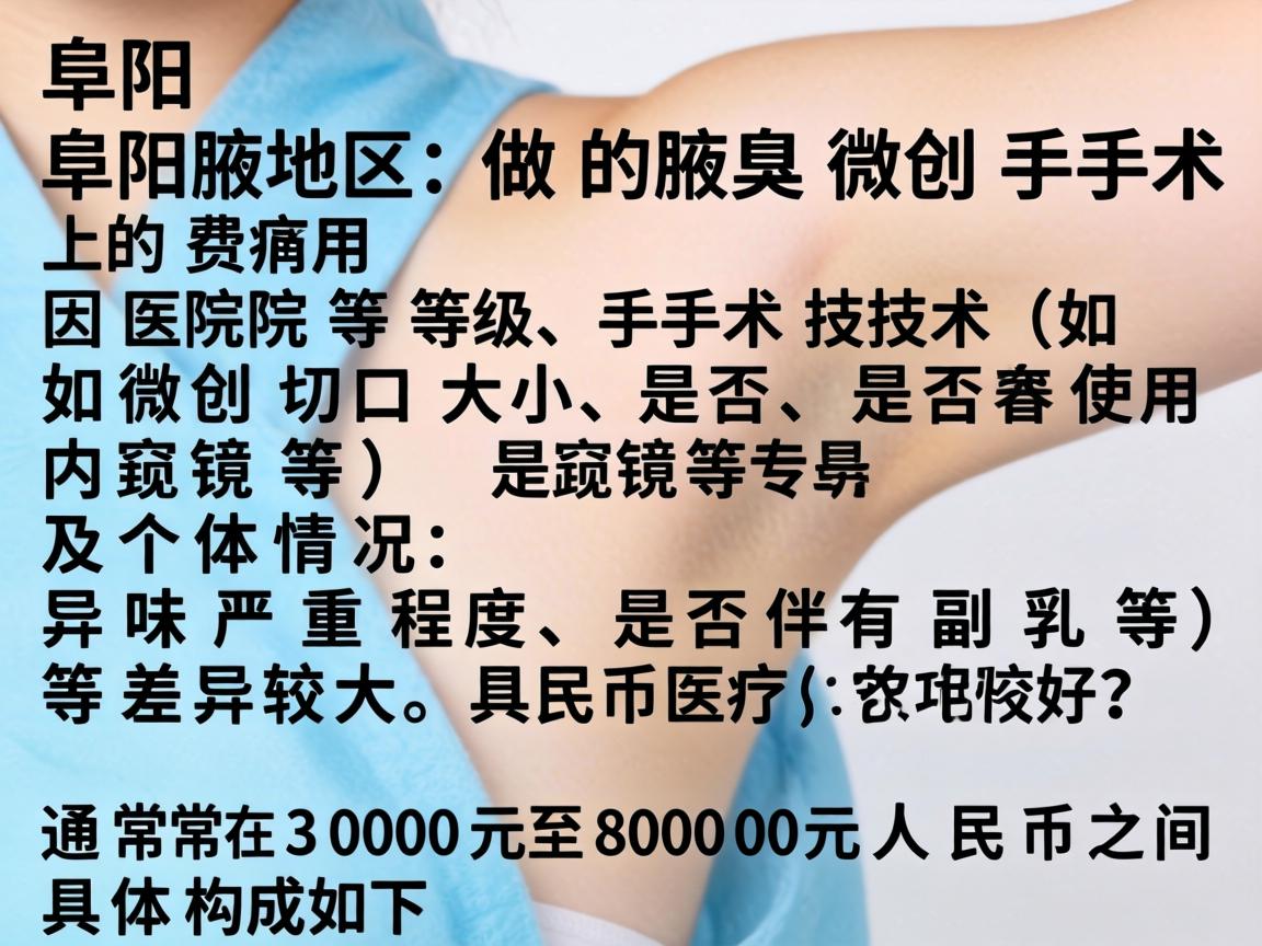 阜阳地区做腋臭微创手术的费用因医院等级、手术技术(如微创切口大小、是否使用内窥镜等)及个体情况(如异味严重程度、是否伴有副乳等)差异较大,通常在3000元至8000元人民币之间。具体构成如下 阜阳地区做腋臭微创手术的费用因医院等级、手术技术(如微创切口大小、是否使用内窥镜等)及个体情况(如异味严重程度、是否伴有副乳等)差异较大,通常在3000元至8000元人民币之间。具体构成如下