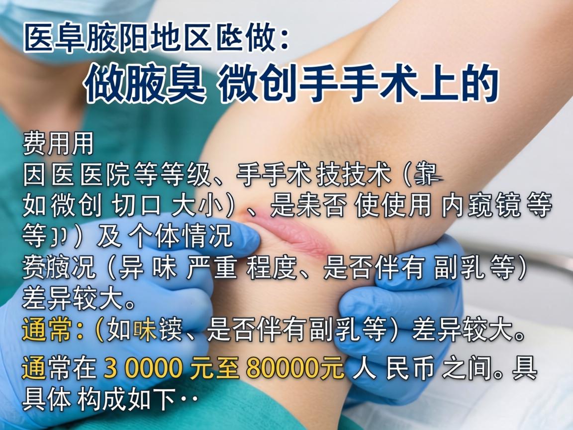 阜阳地区做腋臭微创手术的费用因医院等级、手术技术(如微创切口大小、是否使用内窥镜等)及个体情况(如异味严重程度、是否伴有副乳等)差异较大,通常在3000元至8000元人民币之间。具体构成如下 阜阳地区做腋臭微创手术的费用因医院等级、手术技术(如微创切口大小、是否使用内窥镜等)及个体情况(如异味严重程度、是否伴有副乳等)差异较大,通常在3000元至8000元人民币之间。具体构成如下