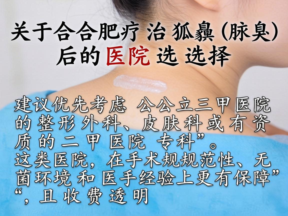 关于合肥治疗狐臭（腋臭）的医院选择，建议优先考虑公立三甲医院的整形外科、皮肤科或有资质的二甲医院专科。这类医院在手术规范性、无菌环境和医生经验上更有保障，且收费透明