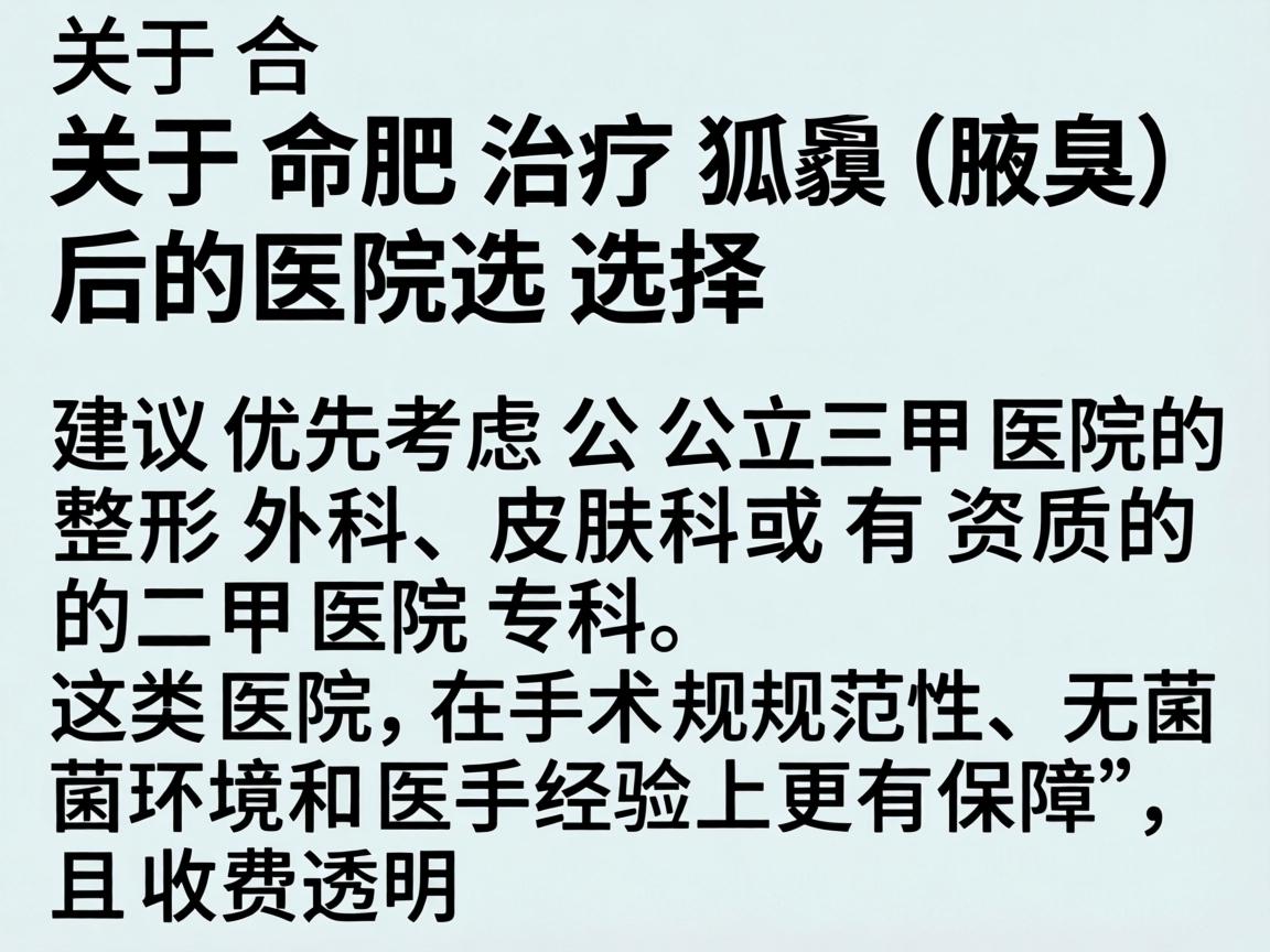 关于合肥治疗狐臭（腋臭）的医院选择，建议优先考虑公立三甲医院的整形外科、皮肤科或有资质的二甲医院专科。这类医院在手术规范性、无菌环境和医生经验上更有保障，且收费透明