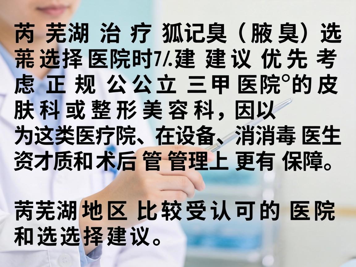 在芜湖治疗狐臭(腋臭)选择医院时建议优先考虑正规公立三甲医院的皮肤科或整形美容科,因为这类医院在设备、消毒、医生资质和术后管理上更有保障。以下是芜湖地区比较受认可的医院和选择建议 在芜湖治疗狐臭(腋臭)选择医院时建议优先考虑正规公立三甲医院的皮肤科或整形美容科,因为这类医院在设备、消毒、医生资质和术后管理上更有保障。以下是芜湖地区比较受认可的医院和选择建议