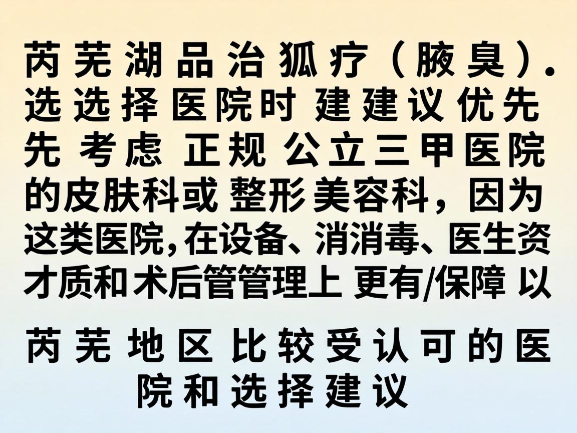 在芜湖治疗狐臭(腋臭)选择医院时建议优先考虑正规公立三甲医院的皮肤科或整形美容科,因为这类医院在设备、消毒、医生资质和术后管理上更有保障。以下是芜湖地区比较受认可的医院和选择建议 在芜湖治疗狐臭(腋臭)选择医院时建议优先考虑正规公立三甲医院的皮肤科或整形美容科,因为这类医院在设备、消毒、医生资质和术后管理上更有保障。以下是芜湖地区比较受认可的医院和选择建议