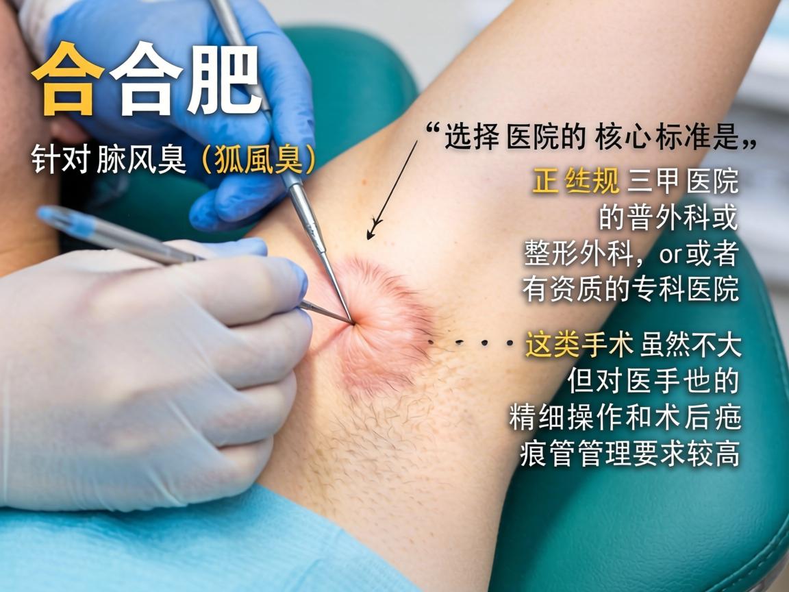 在合肥，针对腋臭（狐臭）手术，选择医院的核心标准是，正规三甲医院的普外科或整形外科，或者有资质的专科医院。这类手术虽然不大，但对医生的精细操作和术后疤痕管理要求较高