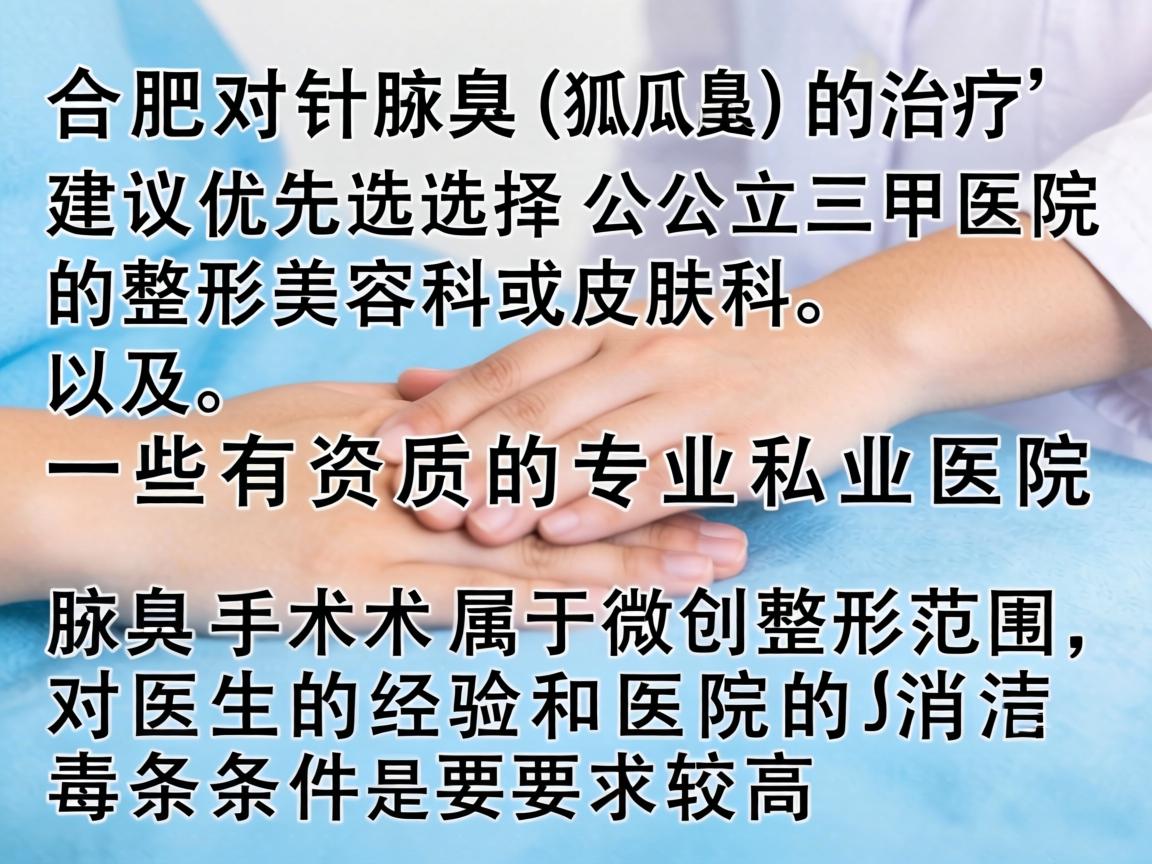 在合肥，针对腋臭（狐臭）的治疗，建议优先选择公立三甲医院的整形美容科或皮肤科，以及一些有资质的专业私立医院。腋臭手术属于微创整形范畴，对医生的经验和医院的消毒条件要求较高