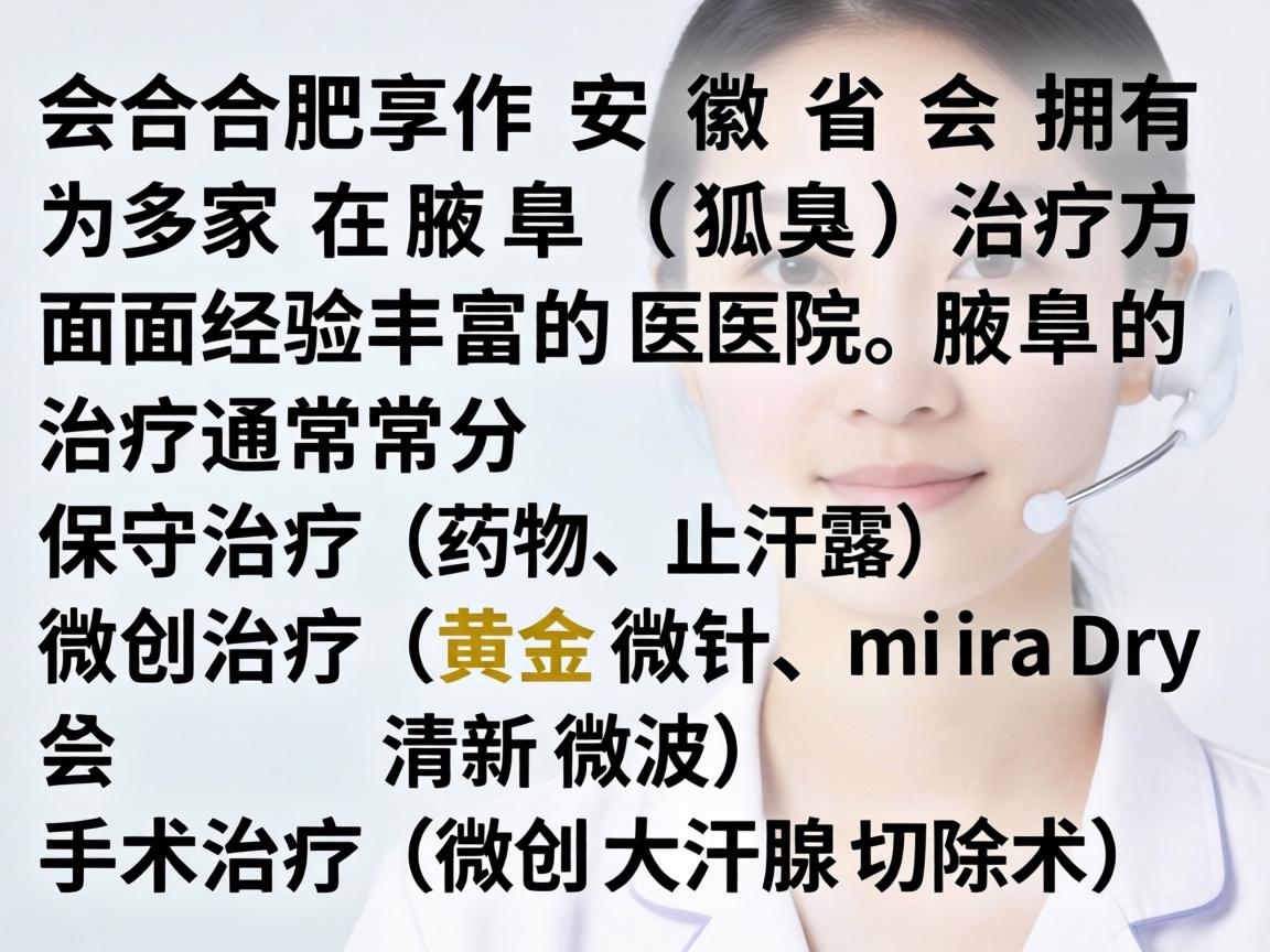 合肥作为安徽省会，拥有多家在腋臭（狐臭）治疗方面经验丰富的医院。腋臭的治疗通常分为保守治疗（药物、止汗露）微创治疗（黄金微针、miraDry清新微波）和手术治疗（微创大汗腺切除术）