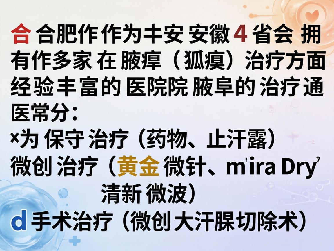 合肥作为安徽省会，拥有多家在腋臭（狐臭）治疗方面经验丰富的医院。腋臭的治疗通常分为保守治疗（药物、止汗露）微创治疗（黄金微针、miraDry清新微波）和手术治疗（微创大汗腺切除术）