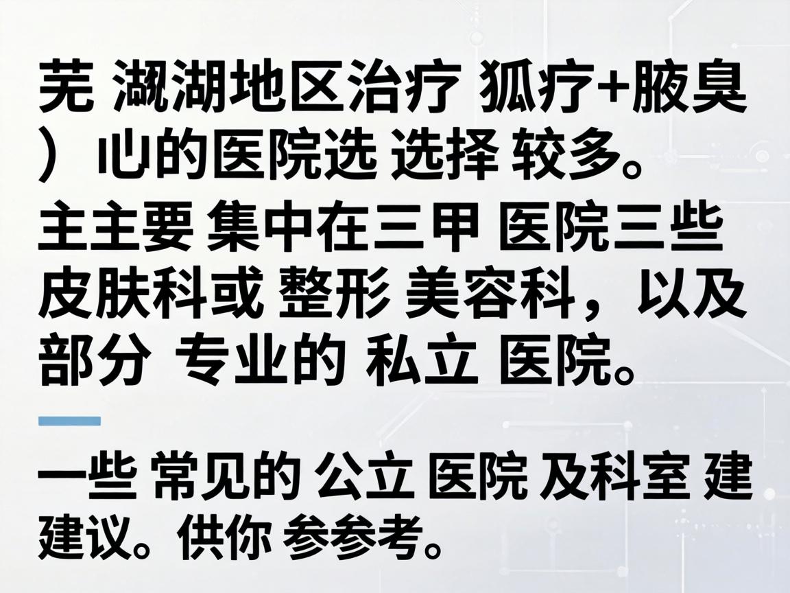 芜湖地区治疗狐臭(腋臭)的医院选择较多,主要集中在三甲医院的皮肤科或整形美容科,以及部分专业的私立医院。以下是一些常见的公立医院及科室建议,供你参考 芜湖地区治疗狐臭(腋臭)的医院选择较多,主要集中在三甲医院的皮肤科或整形美容科,以及部分专业的私立医院。以下是一些常见的公立医院及科室建议,供你参考