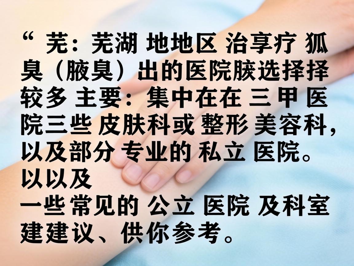 芜湖地区治疗狐臭(腋臭)的医院选择较多,主要集中在三甲医院的皮肤科或整形美容科,以及部分专业的私立医院。以下是一些常见的公立医院及科室建议,供你参考 芜湖地区治疗狐臭(腋臭)的医院选择较多,主要集中在三甲医院的皮肤科或整形美容科,以及部分专业的私立医院。以下是一些常见的公立医院及科室建议,供你参考