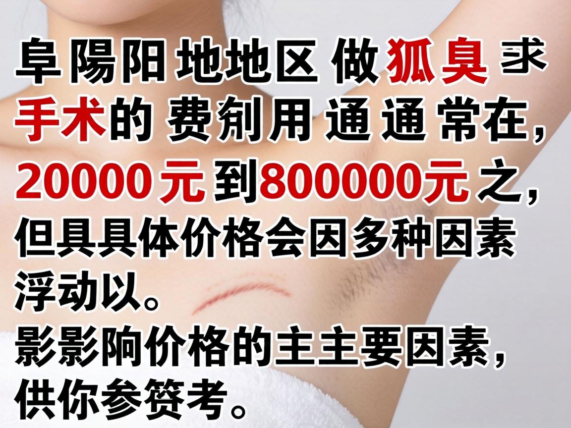阜阳地区做狐臭手术的费用通常在2000元到8000元之间,但具体价格会因多种因素浮动。以下是影响价格的主要因素,供你参考 阜阳地区做狐臭手术的费用通常在2000元到8000元之间,但具体价格会因多种因素浮动。以下是影响价格的主要因素,供你参考