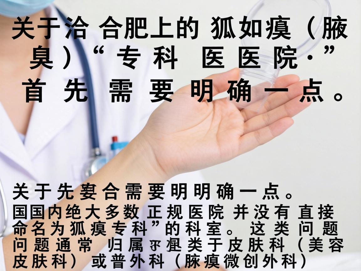 关于合肥的狐臭（腋臭）专科医院，首先需要明确一点，国内绝大多数正规医院并没有直接命名为狐臭专科的科室。这类问题通常归属于皮肤科（美容皮肤科）或普外科（腋臭微创外科）