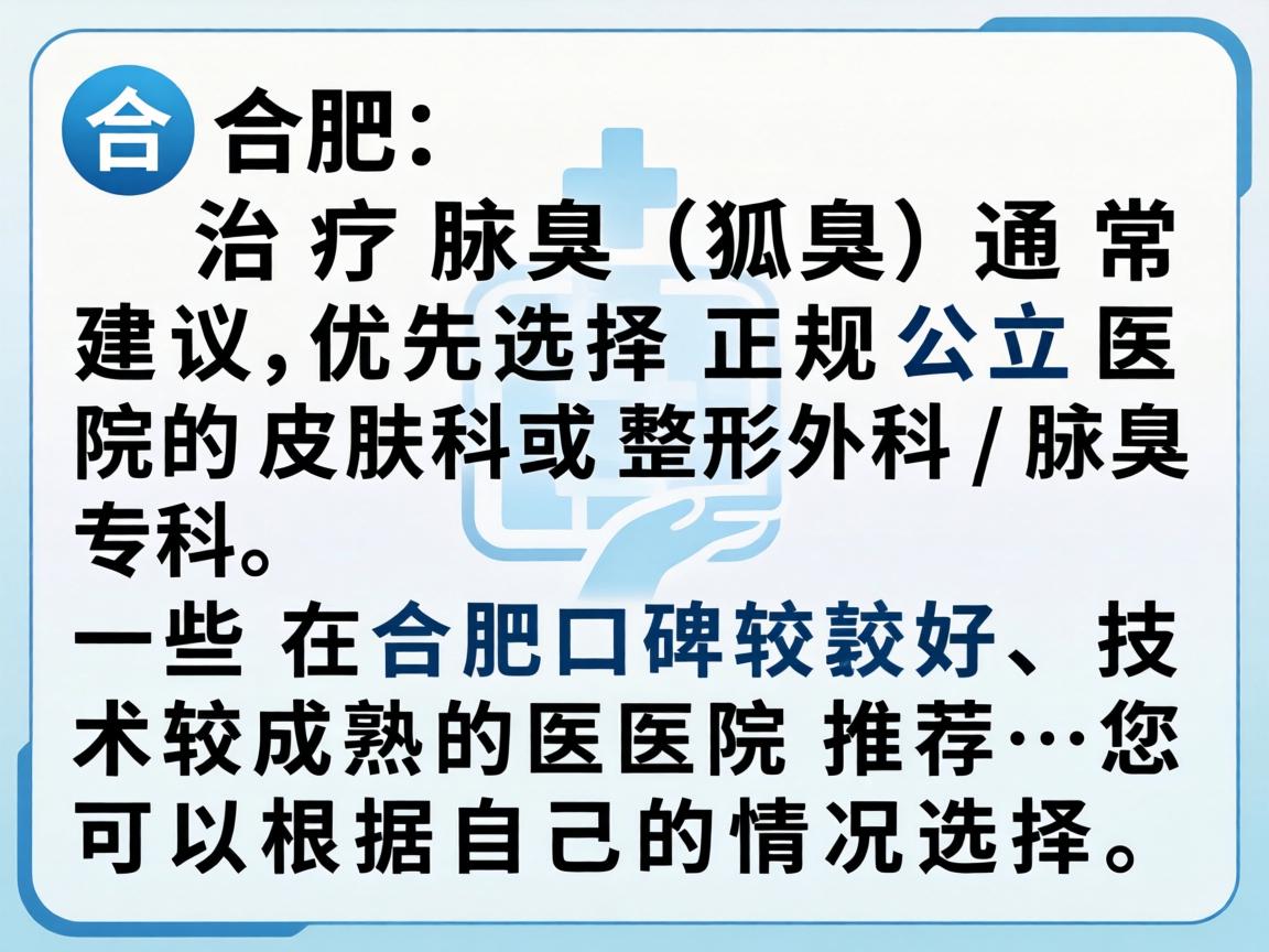 在合肥，治疗腋臭（狐臭）通常建议优先选择正规公立医院的皮肤科或整形外科/腋臭专科。以下是一些在合肥口碑较好、技术较成熟的医院推荐，您可以根据自己的情况选择