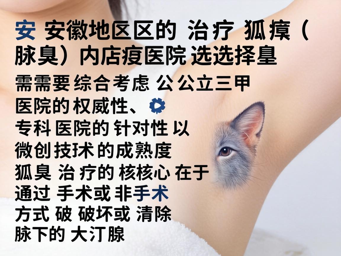 在安徽地区，治疗狐臭（腋臭）的医院选择需要综合考虑公立三甲医院的权威性、专科医院的针对性以及微创技术的成熟度。狐臭治疗的核心在于通过手术或非手术方式破坏或清除腋下的大汗腺