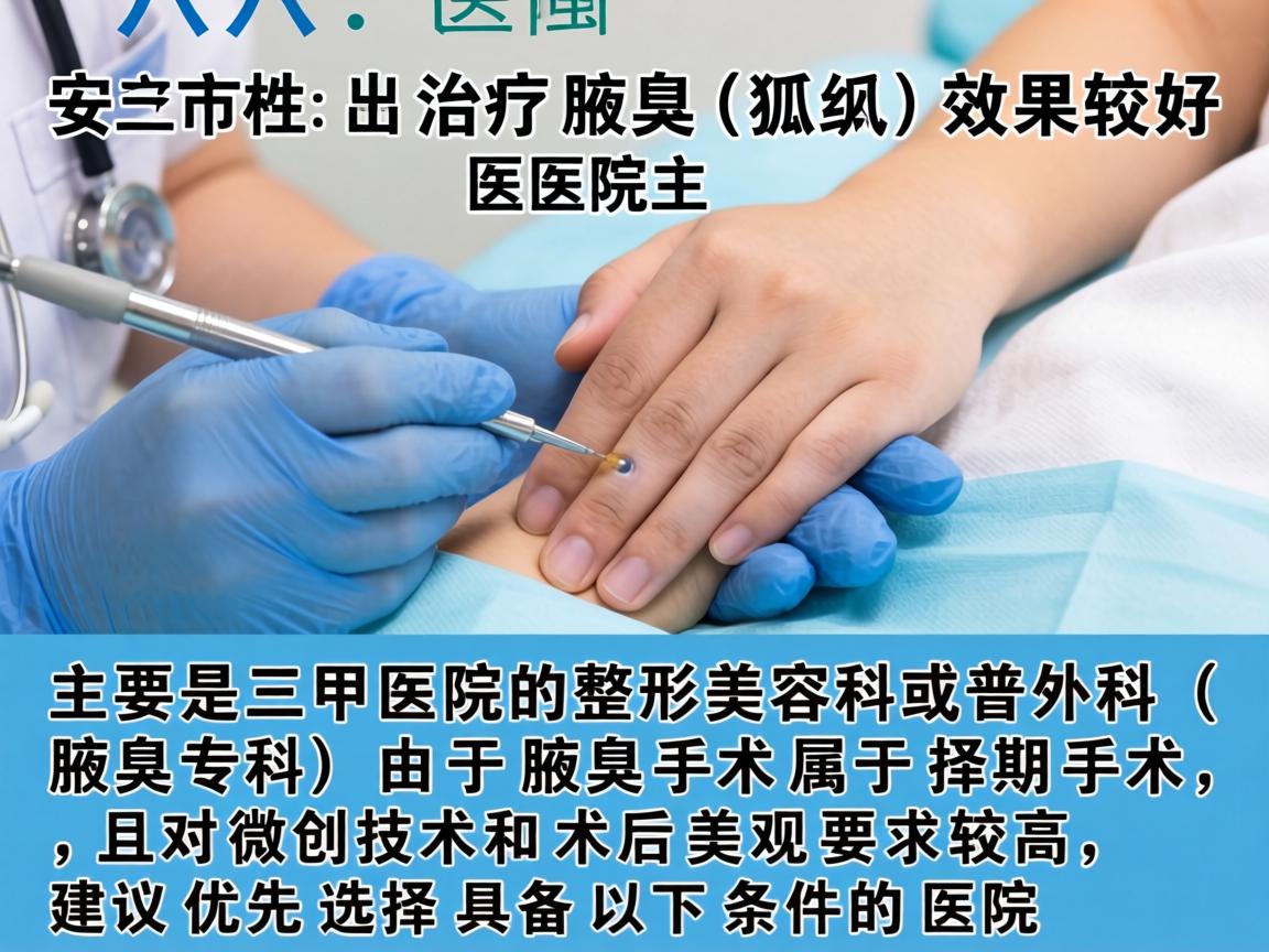 在六安市，治疗腋臭（狐臭）效果较好的医院主要是三甲医院的整形美容科或普外科（腋臭专科）由于腋臭手术属于择期手术，且对微创技术和术后美观要求较高，建议优先选择具备以下条件的医院