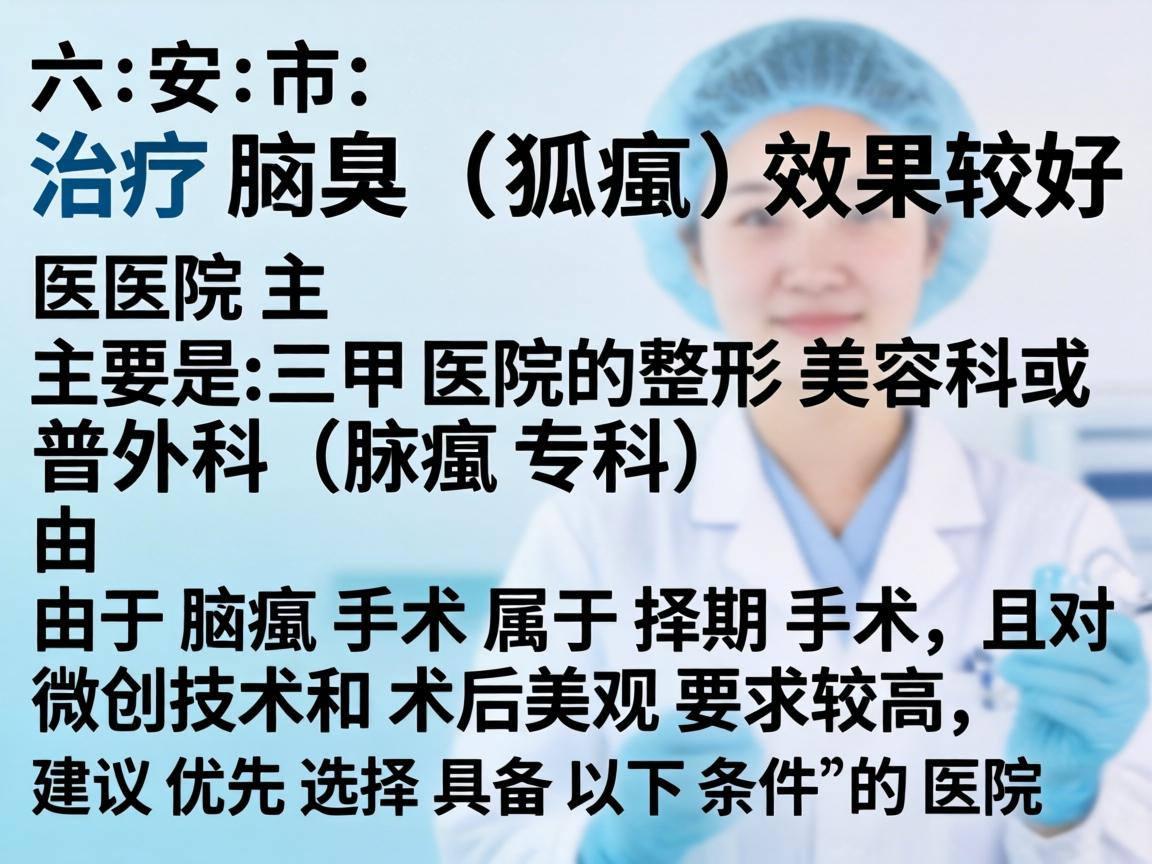 在六安市，治疗腋臭（狐臭）效果较好的医院主要是三甲医院的整形美容科或普外科（腋臭专科）由于腋臭手术属于择期手术，且对微创技术和术后美观要求较高，建议优先选择具备以下条件的医院