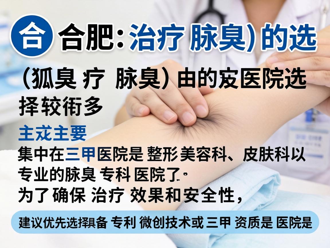 在合肥,治疗腋臭(狐臭)的医院选择较多,主要集中在三甲医院的整形美容科、皮肤科以及专业的腋臭专科医院。为了确保治疗效果和安全性,建议优先选择具备专利微创技术或三甲资质的医院 在合肥,治疗腋臭(狐臭)的医院选择较多,主要集中在三甲医院的整形美容科、皮肤科以及专业的腋臭专科医院。为了确保治疗效果和安全性,建议优先选择具备专利微创技术或三甲资质的医院