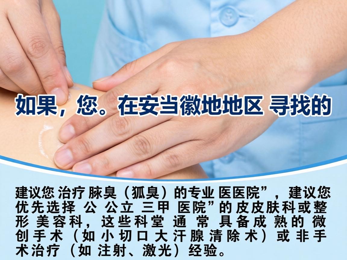 如果您在安徽地区寻找治疗腋臭（狐臭）的专业医院，建议您优先选择公立三甲医院的皮肤科或整形美容科，这些科室通常具备成熟的微创手术（如小切口大汗腺清除术）或非手术治疗（如注射、激光）经验
