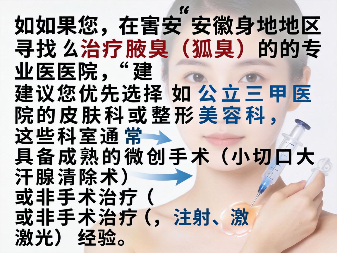 如果您在安徽地区寻找治疗腋臭（狐臭）的专业医院，建议您优先选择公立三甲医院的皮肤科或整形美容科，这些科室通常具备成熟的微创手术（如小切口大汗腺清除术）或非手术治疗（如注射、激光）经验