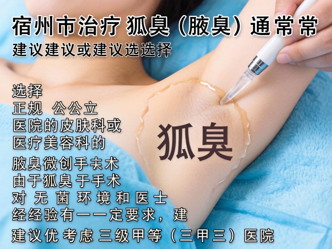 在宿州，治疗狐臭（腋臭）通常建议选择正规公立医院的皮肤科或医疗美容科的腋臭微创手术。由于狐臭手术对无菌环境和医生经验有一定要求，建议优先考虑三级甲等（三甲）医院