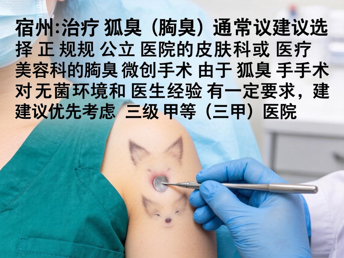在宿州，治疗狐臭（腋臭）通常建议选择正规公立医院的皮肤科或医疗美容科的腋臭微创手术。由于狐臭手术对无菌环境和医生经验有一定要求，建议优先考虑三级甲等（三甲）医院