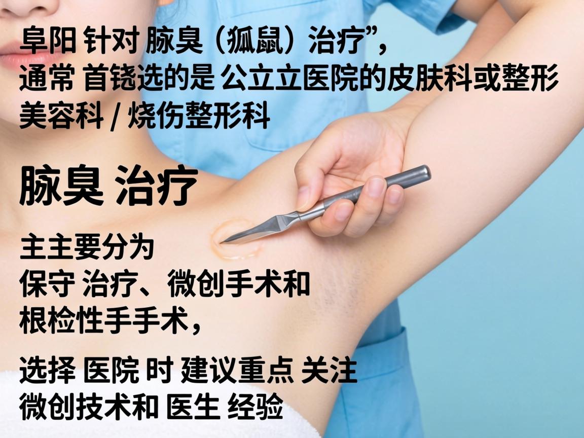 在阜阳，针对腋臭（狐臭）的治疗，通常首选的是公立医院的皮肤科或整形美容科/烧伤整形科。腋臭治疗主要分为保守治疗、微创手术和根治性手术，选择医院时建议重点关注微创技术和医生经验