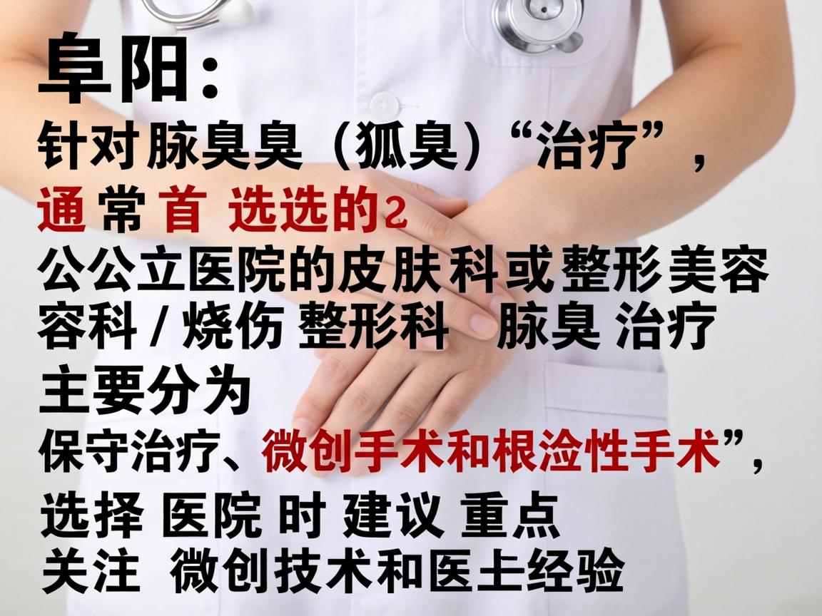 在阜阳，针对腋臭（狐臭）的治疗，通常首选的是公立医院的皮肤科或整形美容科/烧伤整形科。腋臭治疗主要分为保守治疗、微创手术和根治性手术，选择医院时建议重点关注微创技术和医生经验