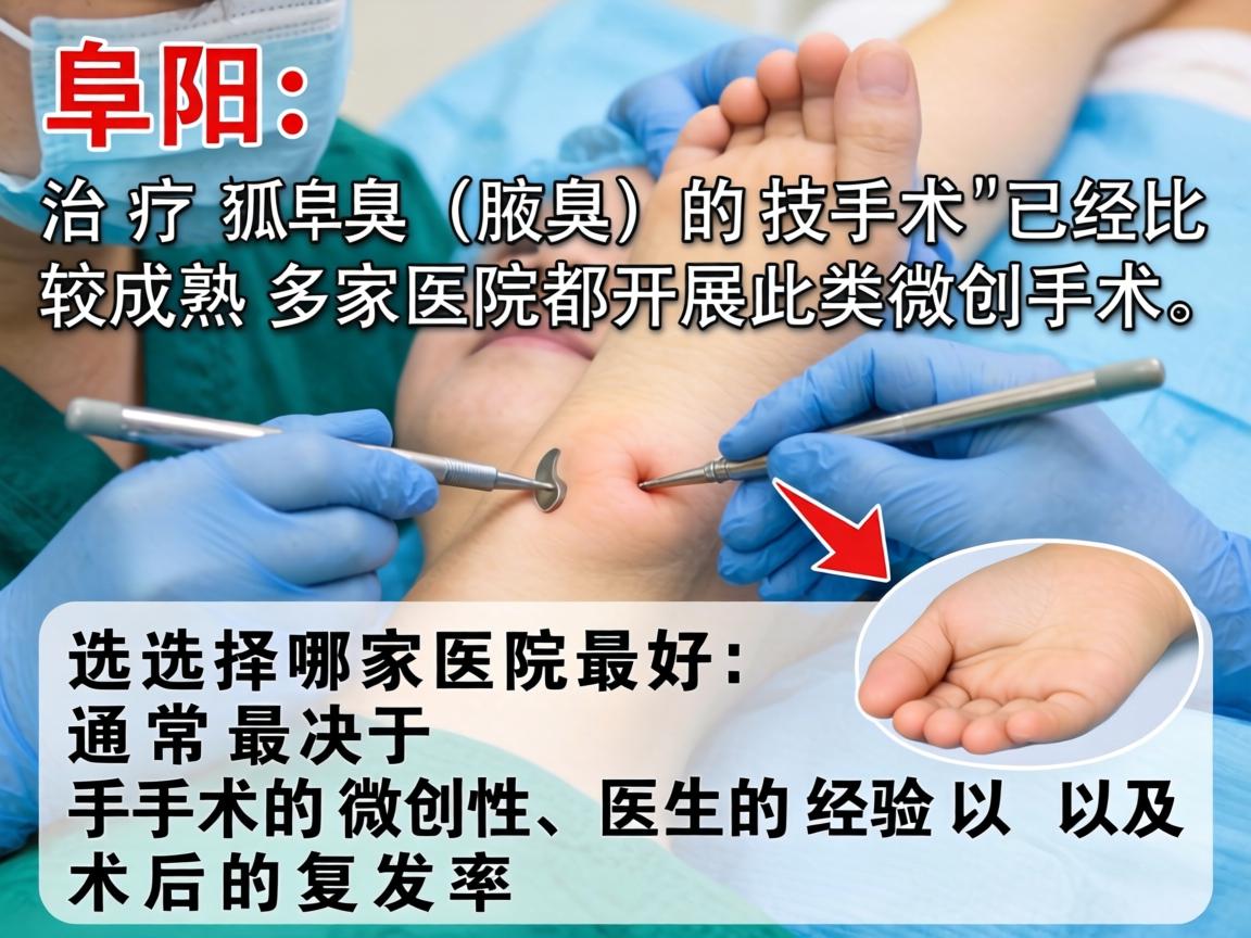 在阜阳,治疗狐臭(腋臭)的手术技术已经比较成熟,多家医院都开展此类微创手术。选择哪家医院最好,通常取决于手术的微创性、医生的经验以及术后的复发率 在阜阳,治疗狐臭(腋臭)的手术技术已经比较成熟,多家医院都开展此类微创手术。选择哪家医院最好,通常取决于手术的微创性、医生的经验以及术后的复发率