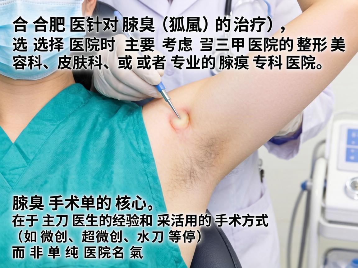 在合肥，针对腋臭（狐臭）的治疗，选择医院时主要考虑三甲医院的整形美容科、皮肤科，或者专业的腋臭专科医院。腋臭手术的核心在于主刀医生的经验和采用的手术方式（如微创、超微创、水刀等）而非单纯医院名气