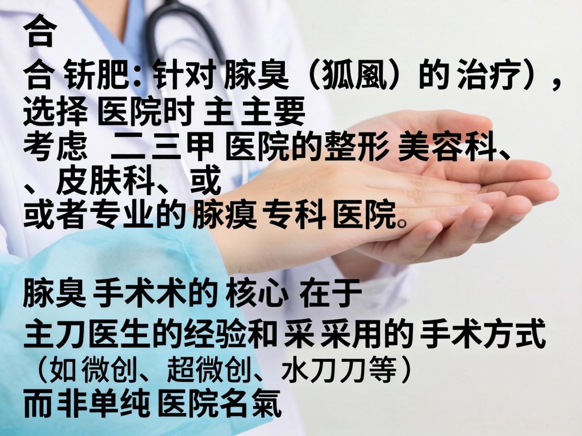 在合肥，针对腋臭（狐臭）的治疗，选择医院时主要考虑三甲医院的整形美容科、皮肤科，或者专业的腋臭专科医院。腋臭手术的核心在于主刀医生的经验和采用的手术方式（如微创、超微创、水刀等）而非单纯医院名气
