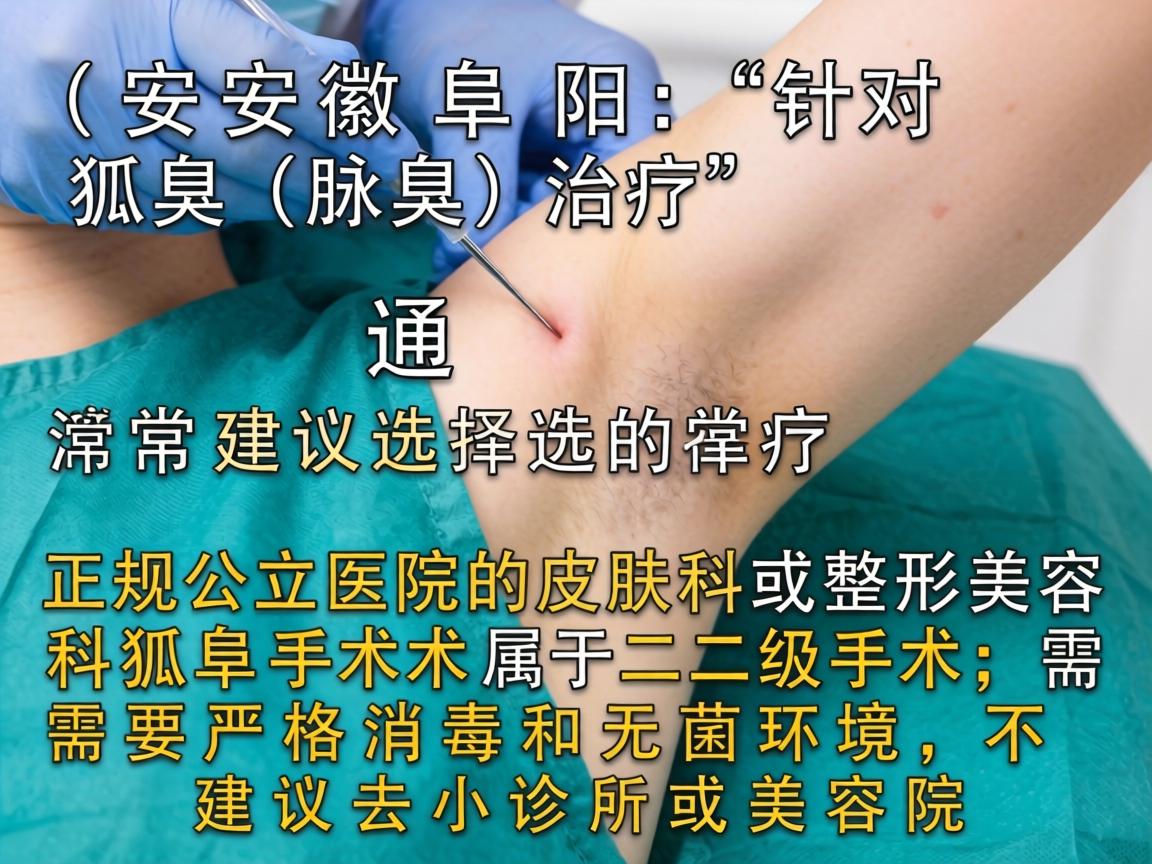 在安徽阜阳，针对狐臭（腋臭）的治疗，通常建议选择正规公立医院的皮肤科或整形美容科。狐臭手术属于二级手术，需要严格消毒和无菌环境，不建议去小诊所或美容院