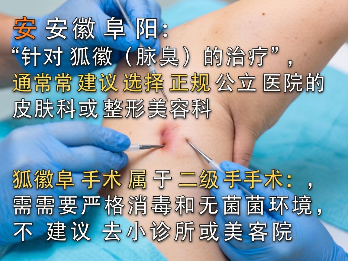 在安徽阜阳，针对狐臭（腋臭）的治疗，通常建议选择正规公立医院的皮肤科或整形美容科。狐臭手术属于二级手术，需要严格消毒和无菌环境，不建议去小诊所或美容院