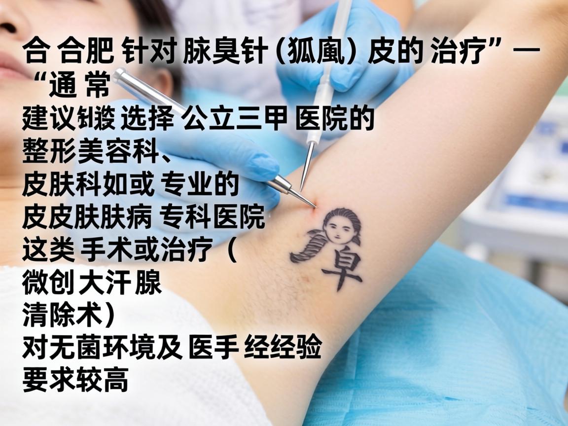 在合肥，针对腋臭（狐臭）的治疗，通常建议选择公立三甲医院的整形美容科、皮肤科或专业的皮肤病专科医院。这类手术或治疗（如微创大汗腺清除术）对无菌环境及医生经验要求较高
