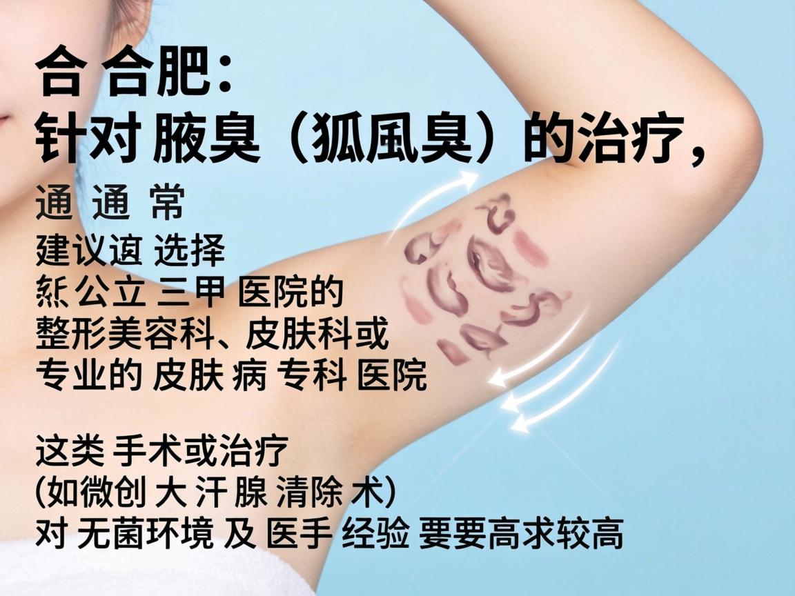 在合肥，针对腋臭（狐臭）的治疗，通常建议选择公立三甲医院的整形美容科、皮肤科或专业的皮肤病专科医院。这类手术或治疗（如微创大汗腺清除术）对无菌环境及医生经验要求较高