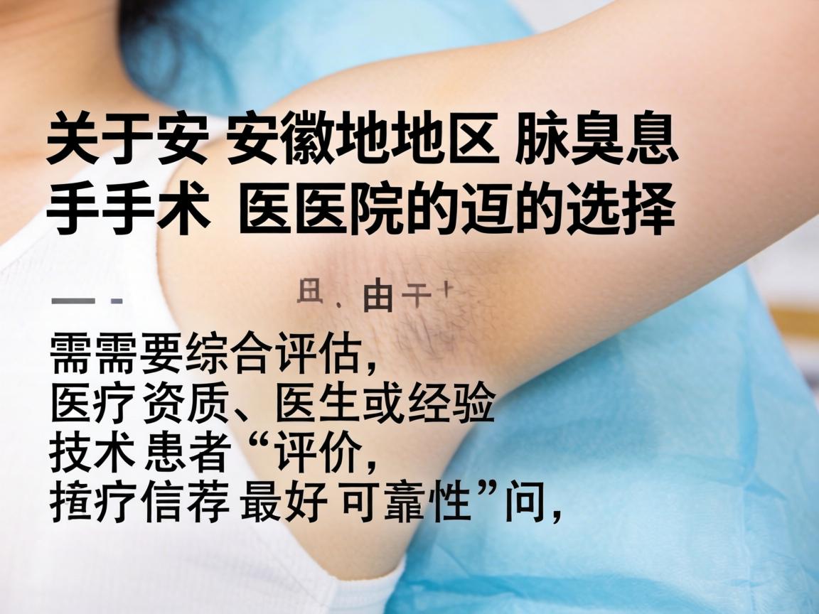关于安徽地区腋臭手术医院的选择,这是一个需要综合评估医疗资质、医生经验及技术可靠性的问题。由于我无法实时获取最新的医院排名或患者评价,且医疗信息具有时效性,直接推荐最好的医院存在一定风险 关于安徽地区腋臭手术医院的选择,这是一个需要综合评估医疗资质、医生经验及技术可靠性的问题。由于我无法实时获取最新的医院排名或患者评价,且医疗信息具有时效性,直接推荐最好的医院存在一定风险