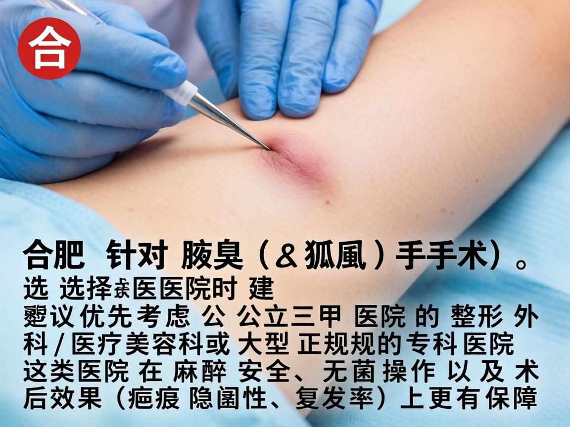 在合肥，针对腋臭（狐臭）手术，选择医院时建议优先考虑公立三甲医院的整形外科/医疗美容科或大型正规的专科医院。这类医院在麻醉安全、无菌操作以及术后效果（疤痕隐蔽性、复发率）上更有保障