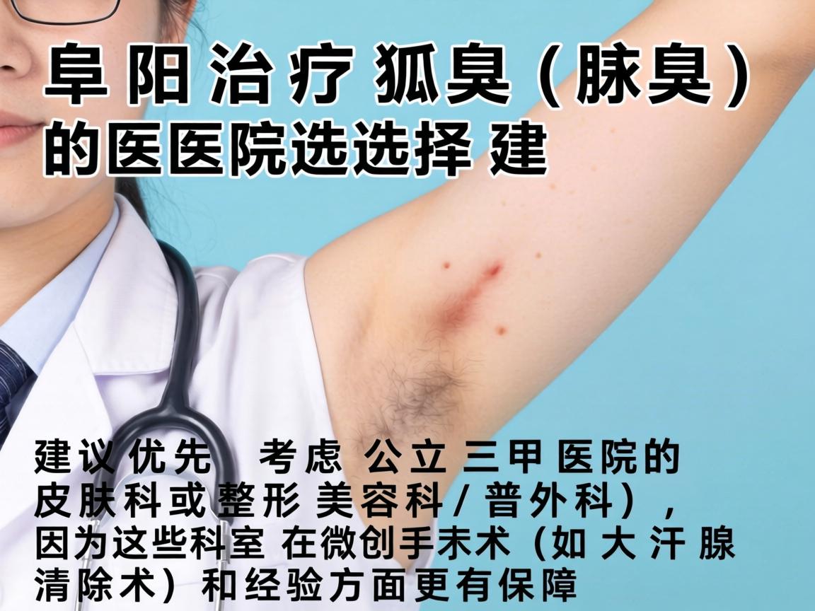 阜阳治疗狐臭(腋臭)的医院选择,建议优先考虑公立三甲医院的皮肤科或整形美容科/普外科,因为这些科室在微创手术(如大汗腺清除术)和经验方面更有保障 阜阳治疗狐臭(腋臭)的医院选择,建议优先考虑公立三甲医院的皮肤科或整形美容科/普外科,因为这些科室在微创手术(如大汗腺清除术)和经验方面更有保障