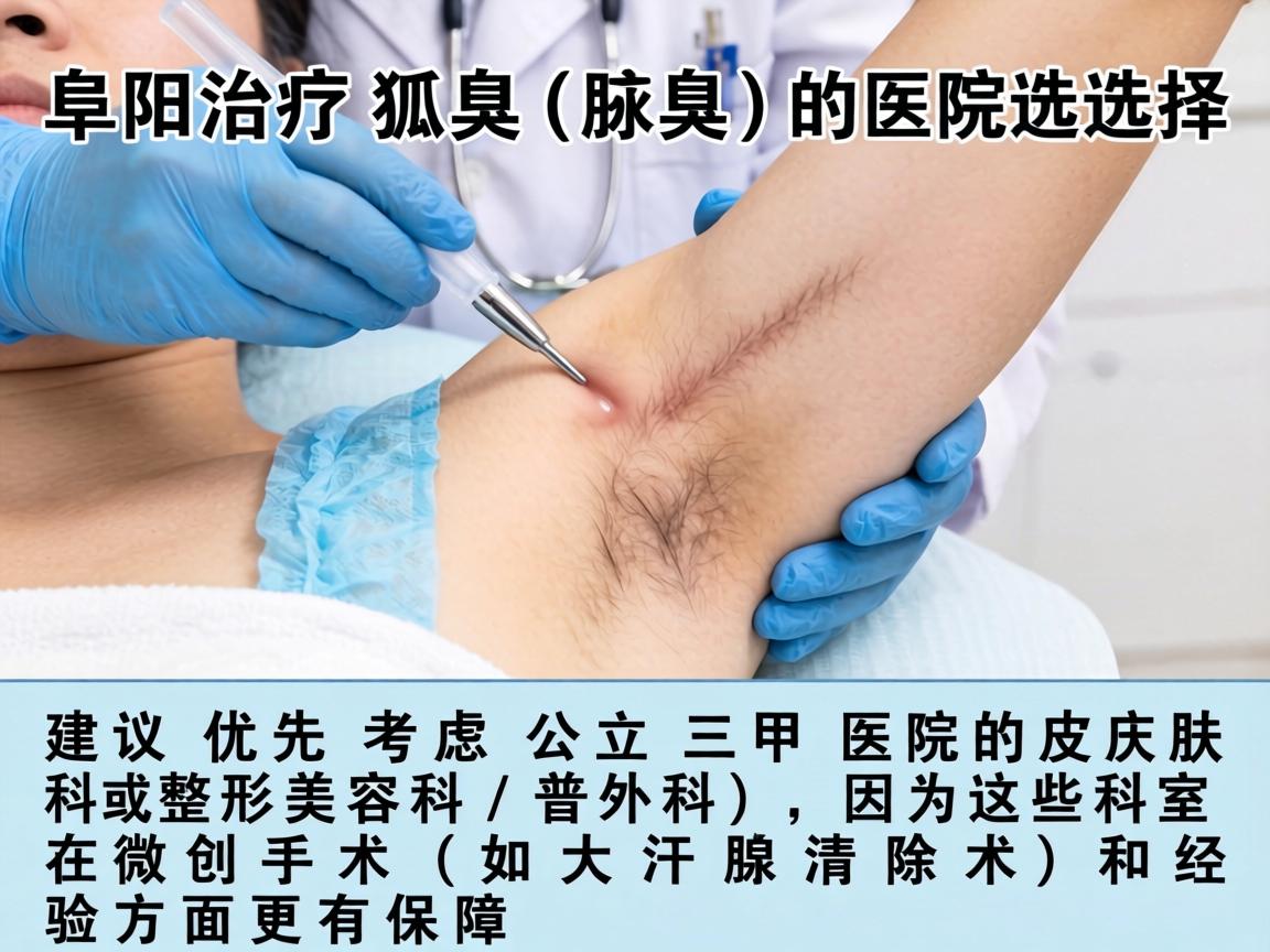 阜阳治疗狐臭(腋臭)的医院选择,建议优先考虑公立三甲医院的皮肤科或整形美容科/普外科,因为这些科室在微创手术(如大汗腺清除术)和经验方面更有保障 阜阳治疗狐臭(腋臭)的医院选择,建议优先考虑公立三甲医院的皮肤科或整形美容科/普外科,因为这些科室在微创手术(如大汗腺清除术)和经验方面更有保障