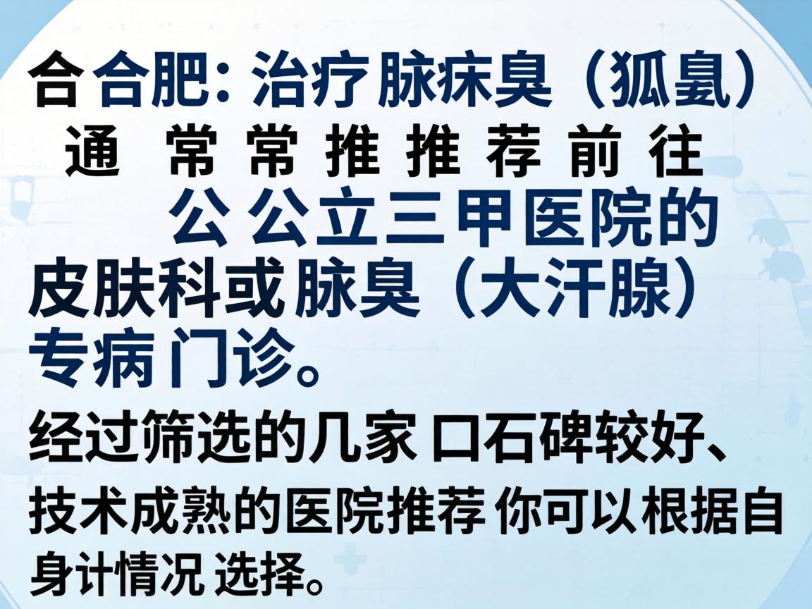 在合肥，治疗腋臭（狐臭）通常推荐前往公立三甲医院的皮肤科或腋臭（大汗腺）专病门诊。以下是经过筛选的几家口碑较好、技术成熟的医院推荐，你可以根据自身情况选择