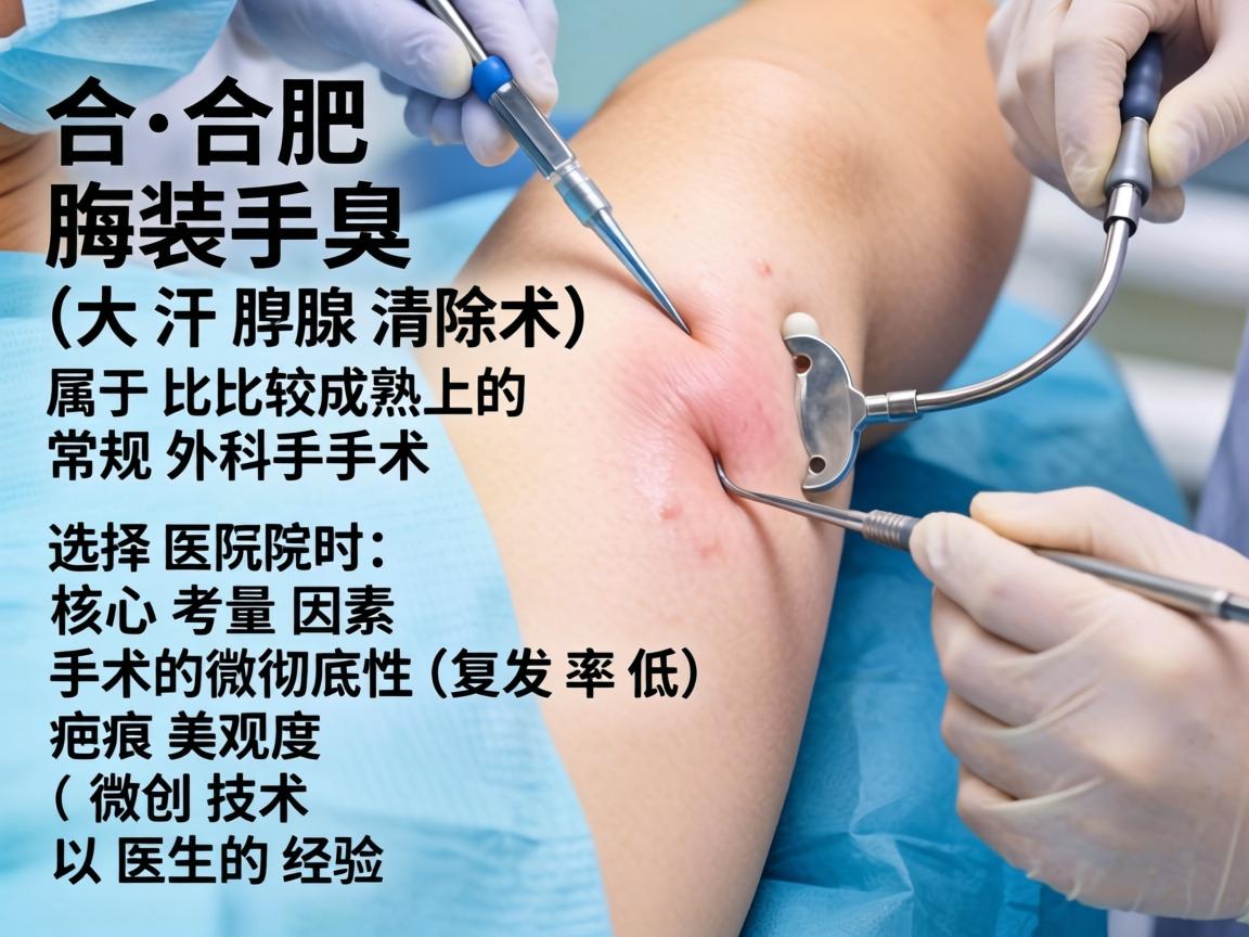 在合肥,腋臭手术(大汗腺清除术)属于比较成熟的常规外科手术。选择医院时,核心考量因素是手术的彻底性(复发率低)疤痕美观度(微创技术)以及医生的经验 在合肥,腋臭手术(大汗腺清除术)属于比较成熟的常规外科手术。选择医院时,核心考量因素是手术的彻底性(复发率低)疤痕美观度(微创技术)以及医生的经验