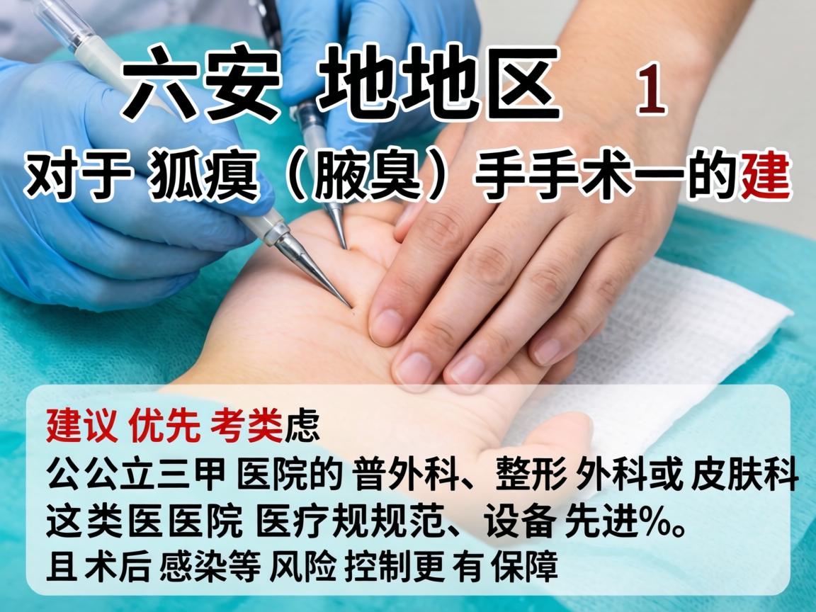 在六安地区，对于狐臭（腋臭）手术，建议优先考虑公立三甲医院的普外科、整形外科或皮肤科。这类医院医疗规范、设备先进，且术后感染等风险控制更有保障