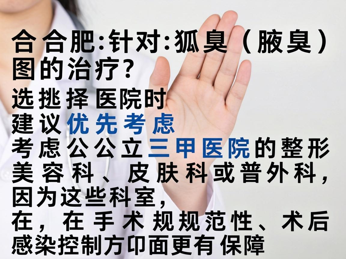 在合肥，针对狐臭（腋臭）的治疗，选择医院时建议优先考虑公立三甲医院的整形美容科、皮肤科或普外科，因为这些科室在手术规范性和术后感染控制方面更有保障