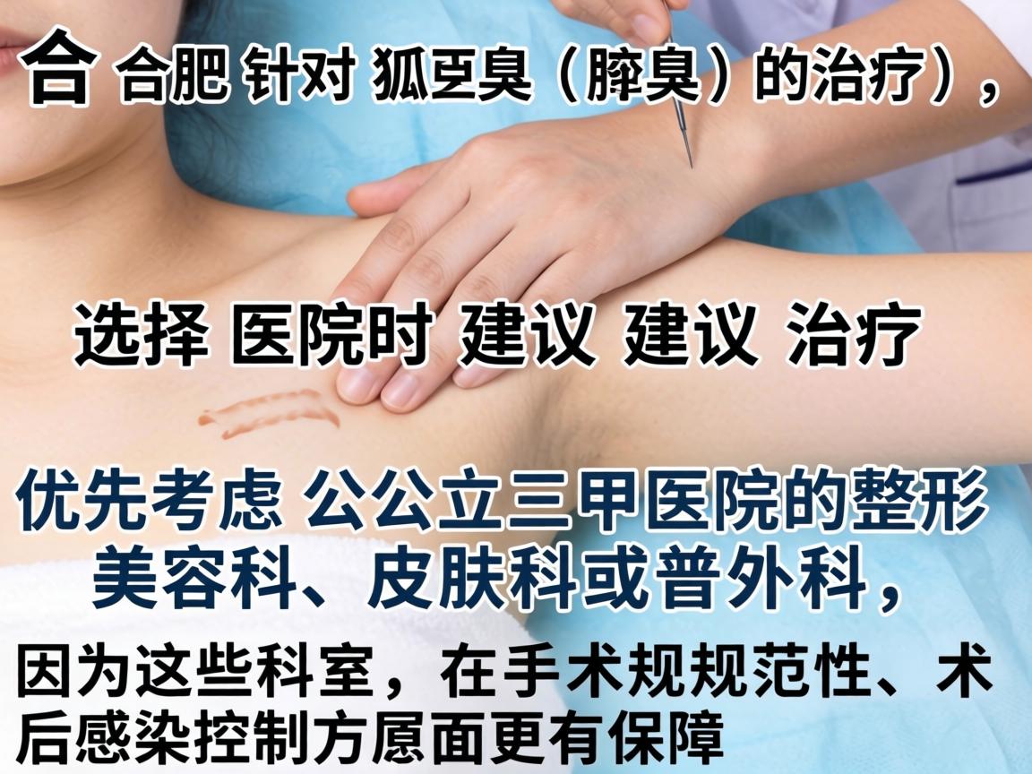 在合肥，针对狐臭（腋臭）的治疗，选择医院时建议优先考虑公立三甲医院的整形美容科、皮肤科或普外科，因为这些科室在手术规范性和术后感染控制方面更有保障