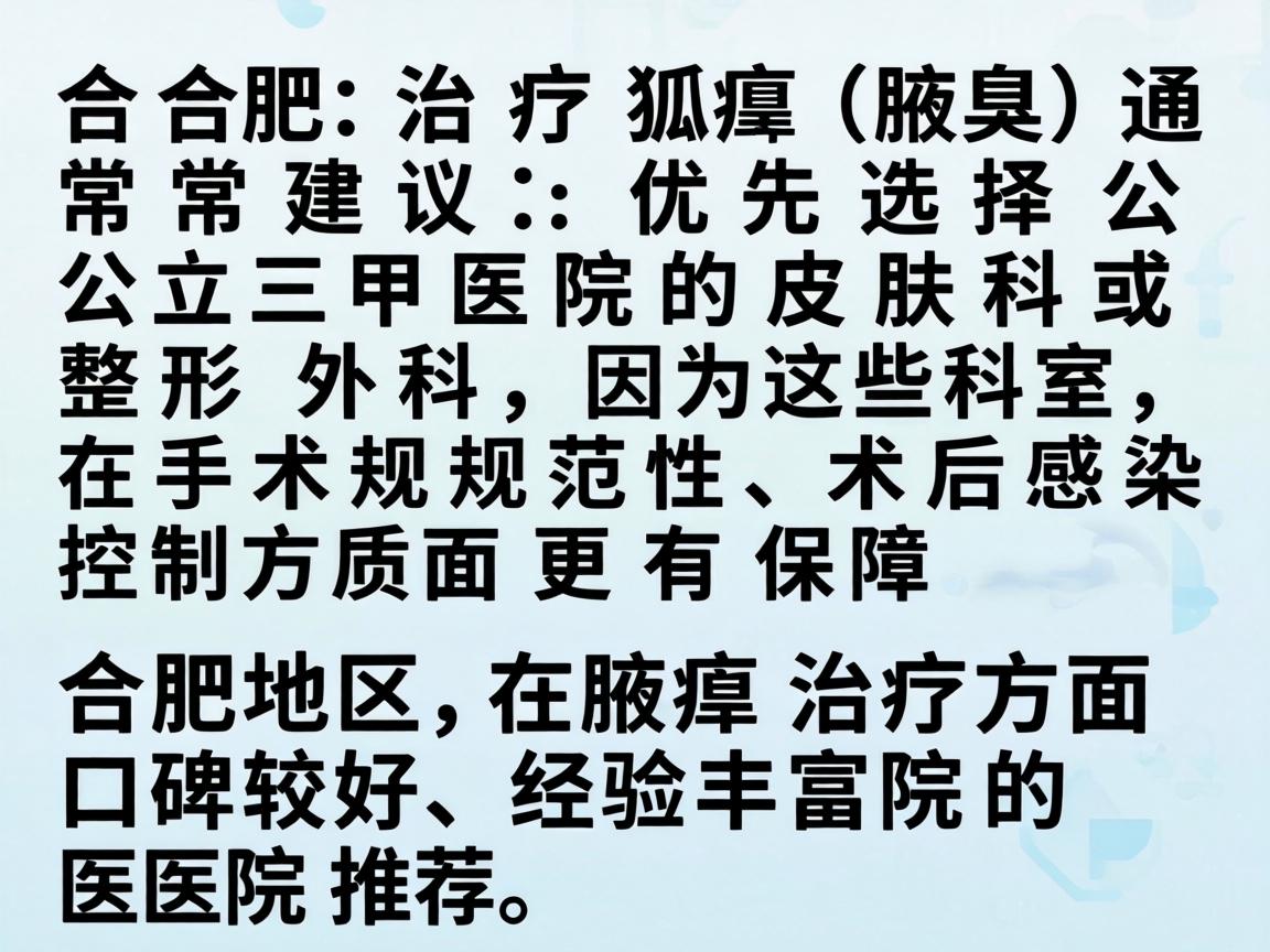 在合肥，治疗狐臭（腋臭）通常建议优先选择公立三甲医院的皮肤科或整形外科，因为这些科室在手术规范性和术后感染控制方面更有保障。以下是合肥地区在腋臭治疗方面口碑较好、经验丰富的医院推荐