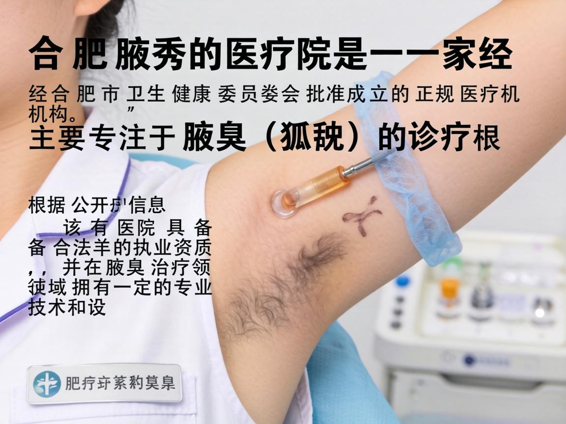 合肥腋秀医院是一家经合肥市卫生健康委员会批准成立的正规医疗机构,主要专注于腋臭(狐臭)的诊疗。根据公开信息,该医院具备合法的执业资质,并在腋臭治疗领域拥有一定的专业技术和设备 合肥腋秀医院是一家经合肥市卫生健康委员会批准成立的正规医疗机构,主要专注于腋臭(狐臭)的诊疗。根据公开信息,该医院具备合法的执业资质,并在腋臭治疗领域拥有一定的专业技术和设备