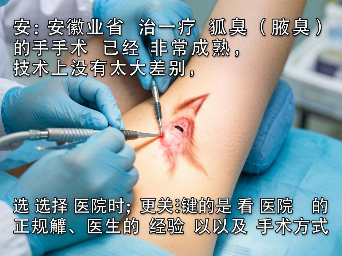 在安徽省,治疗狐臭(腋臭)的手术已经非常成熟,技术上没有太大差别。选择医院时,更关键的是看医院的正规性、医生的经验以及手术方式 在安徽省,治疗狐臭(腋臭)的手术已经非常成熟,技术上没有太大差别。选择医院时,更关键的是看医院的正规性、医生的经验以及手术方式