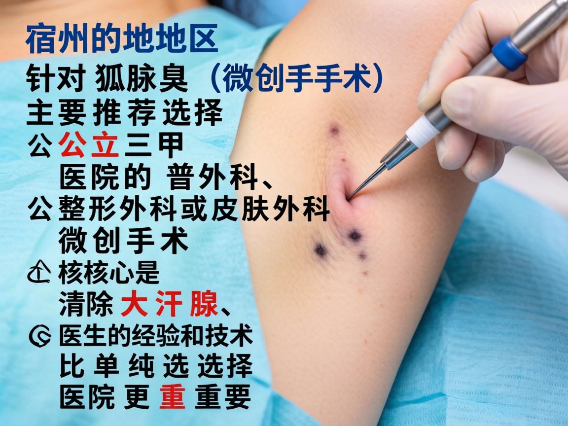 在宿州地区,针对狐臭(腋臭)微创手术,主要推荐选择公立三甲医院的普外科、整形外科或皮肤外科。微创手术的核心是清除大汗腺,医生的经验和技术比单纯选择医院更重要 在宿州地区,针对狐臭(腋臭)微创手术,主要推荐选择公立三甲医院的普外科、整形外科或皮肤外科。微创手术的核心是清除大汗腺,医生的经验和技术比单纯选择医院更重要
