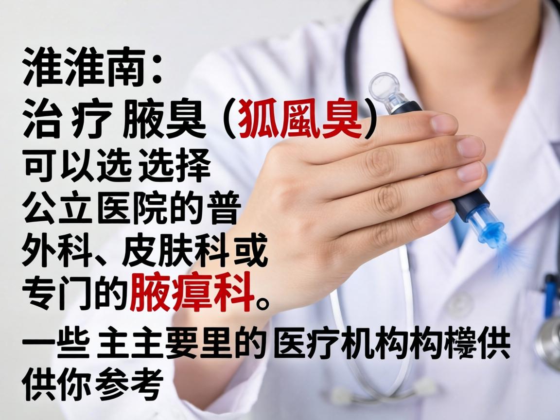 在淮南,治疗腋臭(狐臭)可以选择公立医院的普外科、皮肤科或专门的腋臭科。以下是一些主要的医疗机构供你参考 在淮南,治疗腋臭(狐臭)可以选择公立医院的普外科、皮肤科或专门的腋臭科。以下是一些主要的医疗机构供你参考