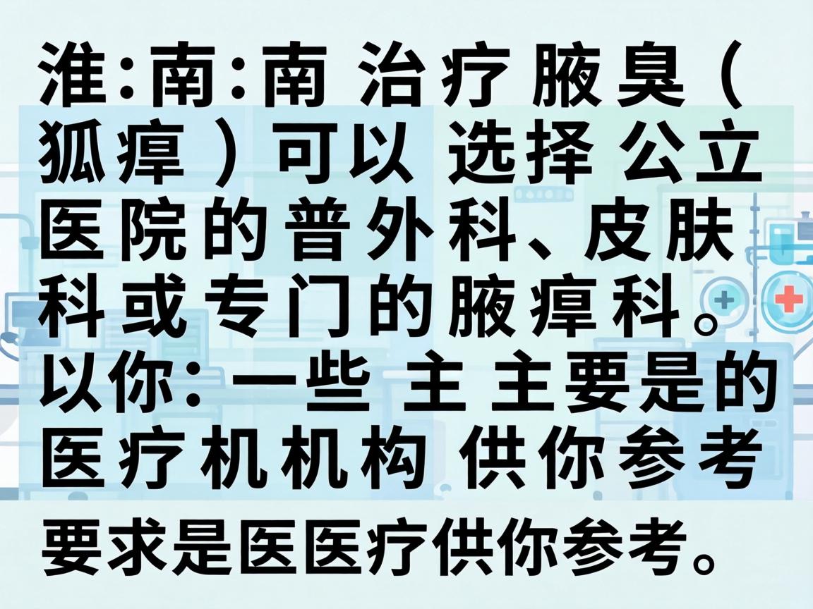 在淮南,治疗腋臭(狐臭)可以选择公立医院的普外科、皮肤科或专门的腋臭科。以下是一些主要的医疗机构供你参考 在淮南,治疗腋臭(狐臭)可以选择公立医院的普外科、皮肤科或专门的腋臭科。以下是一些主要的医疗机构供你参考