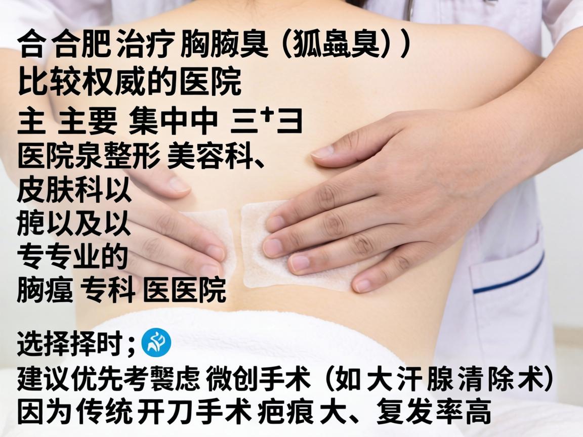 在合肥,治疗腋臭(狐臭)比较权威的医院主要集中在三甲医院的整形美容科、皮肤科以及专业的腋臭专科医院。选择时,建议优先考虑微创手术(如大汗腺清除术)因为传统开刀手术疤痕大、复发率高 在合肥,治疗腋臭(狐臭)比较权威的医院主要集中在三甲医院的整形美容科、皮肤科以及专业的腋臭专科医院。选择时,建议优先考虑微创手术(如大汗腺清除术)因为传统开刀手术疤痕大、复发率高