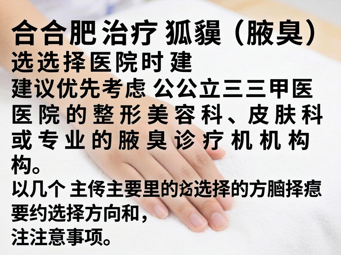 在合肥治疗狐臭（腋臭）选择医院时建议优先考虑公立三甲医院的整形美容科、皮肤科或专业的腋臭诊疗机构。以下是几个主要的选择方向和注意事项